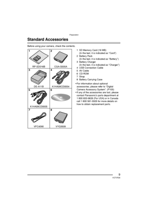 Page 9Preparation
9VQT0R26
Preparation
Standard Accessories
Before using your camera, check the contents.
1 SD Memory Card (16 MB)
(In the text, it is indicated as “Card”)
2Battery Pack
(In the text, it is indicated as “Battery”)
3 Battery Charger
(In the text, it is indicated as “Charger”)
4 USB Connection Cable
5AV Cable
6 CD-ROM
7Strap
8 Battery Carrying Case
 For information about optional 
accessories, please refer to “Digital 
Camera Accessory System”. (P105)
 If any of the accessories are lost, please...