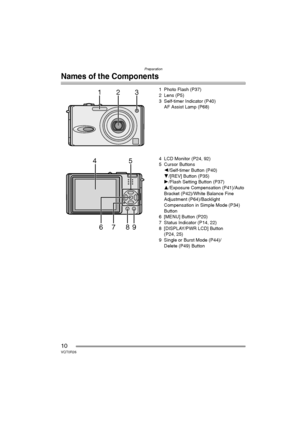 Page 10Preparation
10VQT0R26
Names of the Components
1 Photo Flash (P37)
2Lens (P5)
3 Self-timer Indicator (P40)
AF Assist Lamp (P68)
4 LCD Monitor (P24, 92)
5 Cursor Buttons
2/Self-timer Button (P40)
4/[REV] Button (P35)
1/Flash Setting Button (P37)
3/Exposure Compensation (P41)/Auto 
Bracket (P42)/White Balance Fine 
Adjustment (P64)/Backlight 
Compensation in Simple Mode (P34) 
Button
6 [MENU] Button (P20)
7 Status Indicator (P14, 22)
8 [DISPLAY/PWR LCD] Button
(P24, 25)
9 Single or Burst Mode (P44)/
Delete...