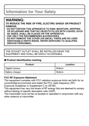 Page 33(ENG) VQT3S29
Information for Your Safety
∫Product identification marking
FCC RF Exposure Statement
This equipment complies with FCC radiation exposure limits set forth for an 
uncontrolled environment and meets the FCC radio frequency (RF) 
Exposure Guidelines in Supplement C to OET65.
This equipment has very low levels of RF energy that are deemed to comply 
without testing of specific absorption ratio (SAR).
This transmitter must not be co-locat ed or operated in conjunction with any 
other antenna...