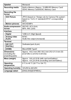 Page 36VQT3S29 (ENG)36
SpeakerMonaural
Recording media Built-in Memory (Approx. 70 MB)/SD Memory Card/
SDHC Memory Card/SDXC Memory Card
Recording file 
format Still Picture JPEG (based on “Design rule for Camera File system”, 
based on “Exif 2.3” standard)/DPOF corresponding/
MPO
Motion pictures AVCHD/MP4
Audio compression 
format AVCHD: AC3 (2ch)
MP4: AAC (2ch)
Interface
Digital “USB 2.0” (High Speed)
Analog video
Audio NTSC
Audio line output (monaural)
Te r m i n a l [AV OUT/
DIGITAL] Dedicated jack (8 pin)...