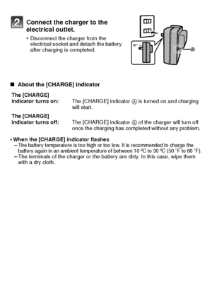 Page 1313(ENG) VQT2U38
∫ About the [CHARGE] indicator
•
When the [CHARGE] indicator flashes–The battery temperature is too high or too low. It is recommended to charge the 
battery again in an ambient temperature of between 10 ºC to 30 ºC (50oF to 86oF).–The terminals of the charger or the battery are dirty. In this case, wipe them 
with a dry cloth.
Connect the charger to the 
electrical outlet.
•Disconnect the charger from the 
electrical socket and detach the battery 
after charging is completed.
The...