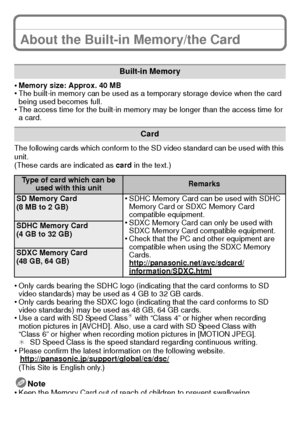 Page 1515(ENG) VQT2U38
About the Built-in Memory/the Card
•Memory size: Approx. 40 MB•The built-in memory can be used as a temporary storage device when the card 
being used becomes full.
•The access time for the built-in memory may be longer than the access time for 
a card.
The following cards which conform to the SD video standard can be used with this 
unit.
(These cards are indicated as  card in the text.)
•Only cards bearing the SDHC logo (indicating that the card conforms to SD 
video standards) may be...