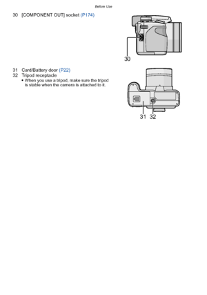 Page 13- 13 -
Before Use
30 [COMPONENT OUT] socket (P174)
31 Card/Battery door  (P22)
32 Tripod receptacle 
When you use a tripod, make sure the tripod 
is stable when the camera is attached to it.
30
31 32
Downloaded From camera-usermanual.com Panasonic Manuals 