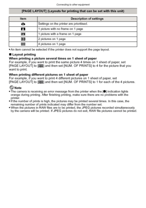 Page 171- 171 -
Connecting to other equipment
An item cannot be selected if the printer does not support the page layout.
∫Layout printing
When printing a picture several times on 1 sheet of paper
For example, if you want to print the same picture 4 times on 1 sheet of paper, set 
[PAGE LAYOUT] to [ ä] and then set [NUM. OF PRINTS] to 4 for the picture that you 
want to print. 
When printing different pictures on 1 sheet of paper
For example, if you want to print 4 di fferent pictures on 1 sheet of paper, set...