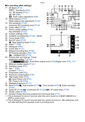 Page 181- 181 -
Others
∫In recording (after settings)
17 AF Macro  (P72)
: Tele Macro  (P72)
: AF tracking (P127)
: MF  (P86)
: Flash output adjustment  (P69)
18 White balance  (P121)
White balance fine adjustment  (P122)
19 ISO sensitivity (P120) maximum ISO sensitivity level  (P119)
20 Colour effect  (P132)
21 Picture quality setting  (P132)
Flip animation  (P137)
22 Custom settings  (P89)
23 Available recording time  (P108):
24 Focus range  (P86)
25 Spot AF area  (P125)
: Spot metering target (P124)
26 Name...