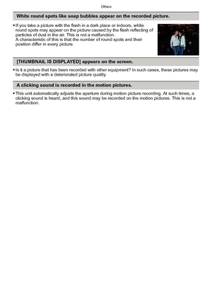 Page 202Others
- 202 -
Is it a picture that has been recorded with other equipment? In such cases, these pictures may 
be displayed with a deteriorated picture quality.
This unit automatically adjusts the aperture during motion picture recording. At such times, a 
clicking sound is heard, and this sound may be recorded on the motion pictures. This is not a 
malfunction.
White round spots like soap bubbles appear on the recorded picture.

If you take a picture with the flash in a dark place or indoors, white...