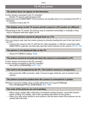 Page 203- 203 -
Others
Is the camera connected to the TV correctly?> Set the TV input to external input mode.
Output from the  [COMPONENT OUT] socket is not possible when it is connected to the PC or 
the printer.
> Connect it only to the TV.
Depending on the TV model, the pictures may be  extended horizontally or vertically or they 
may be displayed with their edges cut off.
Are you trying to play back the motion pictures by directly inserting the card in the card slot of 
the TV? > Connect the camera to the TV...