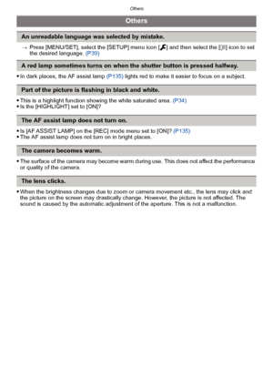 Page 204Others
- 204 -
>Press [MENU/SET], select the [SETUP] menu icon [ ] and then select the [ ~] icon to set 
the desired language.  (P39)
In dark places, the AF assist lamp  (P135) lights red to make it easier to focus on a subject.
This is a highlight function showing the white saturated area.  (P34)Is the [HIGHLIGHT] set to [ON]?
Is [AF ASSIST LAMP] on the [REC] mode menu set to [ON]?  (P135)The AF assist lamp does not turn on in bright places.
The surface of the camera may become warm during use. This...