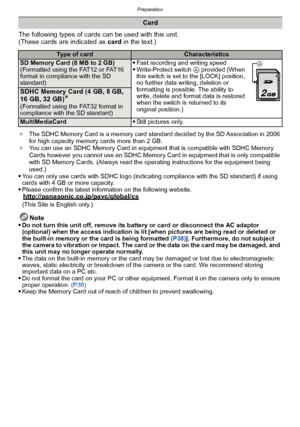 Page 25- 25 -
Preparation
The following types of cards can be used with this unit.
(These cards are indicated as card in the text.)
¢The SDHC Memory Card is a memory card standard decided by the SD Association in 2006 
for high capacity memory cards more than 2 GB.
¢ You can use an SDHC Memory Card in equipme nt that is compatible with SDHC Memory 
Cards however you cannot use an SDHC Memory Card in equipment that is only compatible 
with SD Memory Cards. (Always read the operating instructions for the...