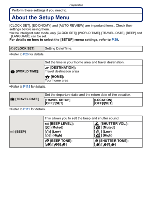 Page 32Preparation
- 32 -
Perform these settings if you need to.
About the Setup Menu
[CLOCK SET], [ECONOMY] and [AUTO REVIEW] are important items. Check their 
settings before using them.

In the Intelligent auto mode, only [CLOCK SET], [WORLD TIME], [TRAVEL DATE], [BEEP] and 
[LANGUAGE] can be set.
For details on how to select the [SETUP] menu settings, refer to P29.

Refer to P26  for details.
Refer to P114  for details.
Refer to P 111 for details.
U [CLOCK SET]Setting Date/Time.
 [WORLD TIME]
Set the time...