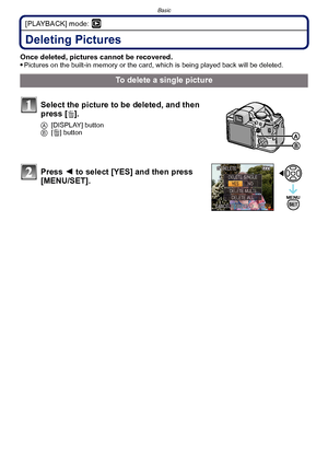 Page 60Basic
- 60 -
[PLAYBACK] mode: ¸
Deleting Pictures
Once deleted, pictures cannot be recovered. 
Pictures on the built-in memory or the card, which is being played back will be deleted. 
To delete a single picture
Select the picture to be deleted, and then 
press [ ‚].
A [DISPLAY] button
B [‚] button
Press  2 to select [YES] and then press 
[MENU/SET].
Downloaded From camera-usermanual.com Panasonic Manuals 