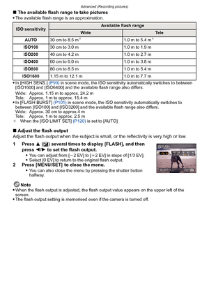 Page 69- 69 -
Advanced (Recording pictures)
∫The available flash range to take pictures
The available flash range is an approximation.
In [HIGH SENS.]  (P99) in scene mode, the ISO sensitivity automatically switches to between 
[ISO1600] and [ISO6400] and the av ailable flash range also differs.
Wide: Approx. 1.15 m to approx. 24.2 m
Tele: Approx. 1 m to approx. 15.4 m
In [FLASH BURST]  (P101) in scene mode, the ISO sensitivity automatically switches to 
between [ISO100] and [ISO3200] and the available flash...
