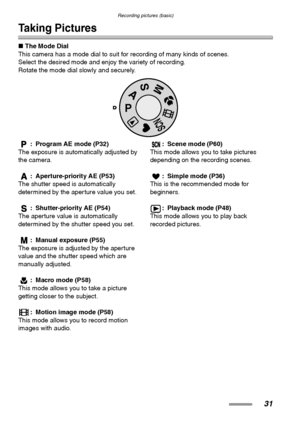 Page 31Recording pictures (basic)
31
Recording pictures (basic)
Taking Pictures
∫The Mode Dial
This camera has a mode dial to suit for recording of many kinds of scenes.
Select the desired mode and enjoy the variety of recording.
Rotate the mode dial slowly and securely. 
: Program AE mode (P32)
The exposure is automatically adjusted by 
the camera.
: Aperture-priority AE (P53)
The shutter speed is automatically 
determined by the aperture value you set.
: Shutter-priority AE (P54)
The aperture value is...