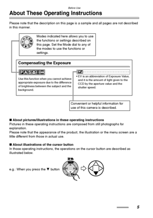 Page 5Before Use
5
About These Operating Instructions
Please note that the description on this page is a sample and all pages are not described 
in this manner. 
∫About pictures/illustrations in these operating instructions
Pictures in these operating instructions are composed from still photographs for 
explanation.
Please note that the appearance of the product, the illustration or the menu screen are a 
little different from those in actual use.
∫About illustrations of the cursor button
In those operating...