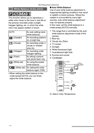 Page 68Recording pictures (advanced)
68
This function allows you to reproduce a 
white color closer to the tone in real life on 
the pictures recorded under sunlight, 
halogen lighting, etc. in which the white 
color may appear reddish or bluish.
 When setting the white balance to the 
mode except [AUTO], you can finely 
adjust the white balance.∫Auto White Balance
Use of auto white balance adjustment in 
inappropriate lighting conditions may result 
in reddish or bluish pictures. Where the 
subject is...