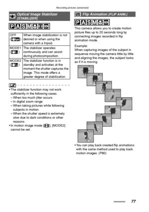 Page 77Recording pictures (advanced)
77
 The stabilizer function may not work 
sufficiently in the following cases.
– When too much jitter occurs
– In digital zoom range
– When taking pictures while following 
subjects in motion.
– When the shutter speed is extremely 
slow due to dark conditions or other 
reasons.
 In motion image mode [ ], [MODE2] 
cannot be set.This camera allows you to create motion 
picture files up to 20 seconds long by 
connecting images recorded in flip 
animation mode.
Example:
When...