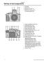 Page 10Preparation
10
Names of the Components
1 Lens part
2 Flash (P41)
3 Microphone (P59, 71)
4 Self-timer Indicator (P44) 
AF Assist Lamp (P75)
5 Diopter Adjustment Dial (P29) 
6 Viewfinder (P28, 102)
7 [EVF/LCD] Button (P28)
8 Flash Open Button (P41)
9 [DISPLAY] Button (P28)
10 [EXPOSURE] Button (P53, 54, 55)
11 Power Indicator (P32)
12 Camera Switch (P12)
13 LCD Monitor (P28, 102)
14 [MENU] Button (P24)
15 Delete (P51)/[FOCUS] (P64, 74) Button
16 Cursor buttons
2/Self-timer Button (P44)
4/[REVIEW] Button...