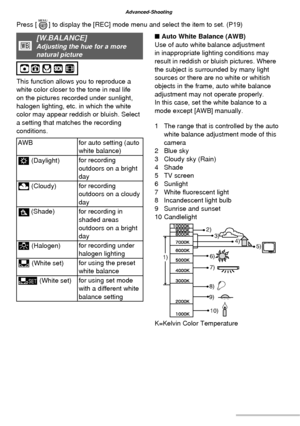 Page 6060VQT1C63
Advanced-Shooting
[W.BALANCE]Adjusting the hue for a more 
natural picture
This function allows you to reproduce a 
white color closer to the tone in real life 
on the pictures recorded under sunlight, 
halogen lighting, etc. in which the white 
color may appear reddish or bluish. Select 
a setting that matches the recording 
conditions.
AWB for auto setting (auto 
white balance)
k (Daylight)for recording 
outdoors on a bright 
day
l (Cloudy)for recording 
outdoors on a cloudy 
day
 (Shade) for...