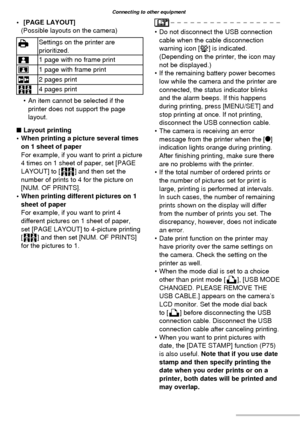 Page 9090VQT1C63
Connecting to other equipment
• [PAGE LAYOUT]
(Possible layouts on the camera)
FSettings on the printer are 
prioritized.
G1 page with no frame print
H1 page with frame print
I2 pages print
J4 pages print
•  An item cannot be selected if the 
printer does not support the page 
layout.
■ Layout printing
•  When printing a picture several times 
on 1 sheet of paper
For example, if you want to print a picture 
4 times on 1 sheet of paper, set [PAGE 
LAYOUT] to [
J] and then set the 
number of...