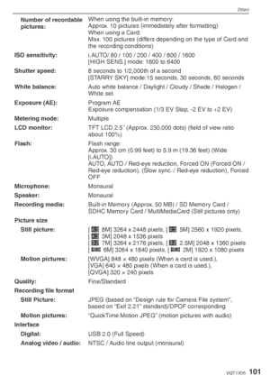 Page 101Others
101VQT1X05
Number of recordable 
pictures:When using the built-in memory:
Approx. 10 pictures (immediately after formatting)
When using a Card: 
Max. 100 pictures (differs depending on the type of Card and 
the recording conditions)
ISO sensitivity: i.AUTO/ 80 / 100 / 200 / 400 / 800 / 1600
[HIGH SENS.] mode: 1600 to 6400
Shutter speed: 8 seconds to 1/2,000th of a second
[STARRY SKY] mode:15 seconds, 30 seconds, 60 seconds
White balance: Auto white balance / Daylight / Cloudy / Shade / Halogen /...