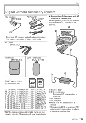 Page 103DC coupler:
 DMW-DCC2AC Adaptor:
 DMW-AC6PP
•  Purchase DC coupler and AC adaptor together.You cannot use either of them individually.
AV Cable:
 DMW-AVC1
Soft Case:
 DMW-CLZ10Semi Hard Case:
 DMW-CHTZ3
SDHC Memory Card
SD Memory Card
32 GB SDHC Memory Card .... RP-SDV32GU1K
16 GB SDHC Memory Card .... RP-SDV16GU1K
12 GB SDHC Memory Card .... RP-SDM12GU1K
8 GB SDHC Memory Card ...... RP-SDV08GU1K
6 GB SDHC Memory Card ...... RP-SDM06GU1K
4 GB SDHC Memory Card ...... RP-SDM04GU1K
4 GB SDHC Memory Card...