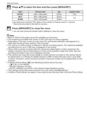 Page 50Advanced-Shooting
50VQT1X05
3 Press e/
r  to select the item and then press [MENU/SET].
Item
Picture size fps Aspect ratio
WVGA