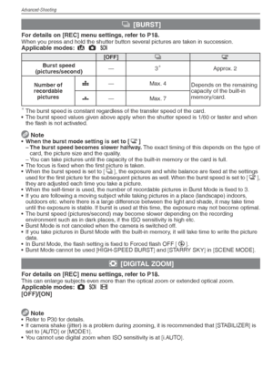 Page 58Advanced-Shooting
58VQT1X05
& [BURST]
For details on [REC] menu settings, refer to P18.When you press and hold the shutter button several pictures are taken in succession.Applicable modes:  4
 1
 5
[OFF] &#
Burst speed 
(pictures/second) —3
