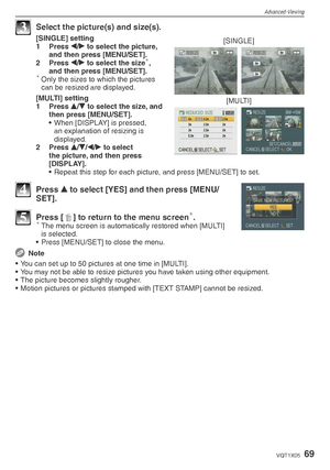 Page 69Advanced-Viewing
69VQT1X05
3  Select the picture(s) and size(s).
[SINGLE][SINGLE] setting
1 Press w/
q  to select the picture, 
and then press [MENU/SET].
2 Press  w/
q  to select the size
