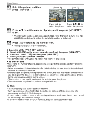 Page 72Advanced-Viewing
72VQT1X05
[SINGLE][MULTI]
Press  w/
q  to 
select the picture. Press 
e/
r /
w /
q  to 
select the pictures.3  Select the picture, and then  press [MENU/SET].
4 Press  e/
r  to set the number of prints, and then press [MENU/SET] 
to set.
•  When [MULTI] has been selected, repeat steps  3
 and  4
 for each picture. (It is not 
possible to use the same setting for a multiple number of pictures.)
5 Press [ 4] to return to the menu screen.
•  Press [MENU/SET] to close the menu.
Canceling all...