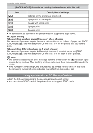 Page 80Connecting to other equipment
80VQT1X05
[PAGE LAYOUT] (Layouts for printing that can be set with this unit)
ItemDescription of settings
[ h ]
Settings on the printer are prioritized.
[ 3 ]
1 page with no frame print
[ 4 ]
1 page with frame print
[ 5 ]
2 pages print
[ 6 ]
4 pages print
•  An item cannot be selected if the printer does not support the page layout. Layout printing
When printing a picture several times on 1 sheet of paper
For example, if you want to print the same picture 4 times on 1 sheet...