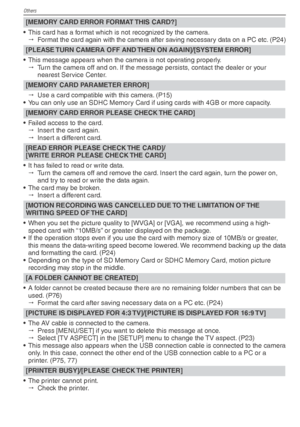 Page 90Others
90VQT1X05
[MEMORY CARD ERROR FORMAT THIS CARD?]
•  This card has a format which is not recognized by the camera.    Format the card again with the camera after saving necessary data on a PC etc. (P24)
[PLEASE TURN CAMERA OFF AND THEN ON AGAIN]/[SYSTEM ERROR]
•  This message appears when the camera is not operating properly.    Turn the camera off and on. If the message persists, contact the dealer or your 
nearest Service Center.
[MEMORY CARD PARAMETER ERROR]
   Use a card compatible with this...
