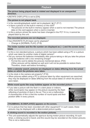 Page 94Others
94VQT1X05
Playback
The picture being played back is rotated and displayed in an unexpected 
direction.
•  [ROTATE DISP.] (P70) is set to [ON].
The picture is not played back.
•  Is the recording/playback switch set to playback [ 5]? (P17)
•  Is there a picture on the built-in memory or the card?
   The pictures on the built-in memory appear when a card is not inserted. The picture 
data on the card appears when a card is inserted.
•  Is this a picture whose ﬁ  le name has been changed in the PC?...