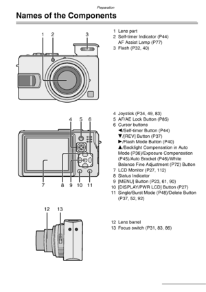 Page 10Preparation
10VQT0S19
Names of the Components
1 Lens part
2 Self-timer Indicator (P44)
AF Assist Lamp (P77)
3 Flash (P32, 40)
4 Joystick (P34, 49, 83)
5 AF/AE Lock Button (P85)
6 Cursor buttons
w/Self-timer Button (P44)
r/[REV] Button (P37)
q/Flash Mode Button (P40)
e/Backlight Compensation in Auto 
Mode (P36)/Exposure Compensation 
(P45)/Auto Bracket (P46)/White 
Balance Fine Adjustment (P72) Button
7 LCD Monitor (P27, 112)
8 Status Indicator
9 [MENU] Button (P23, 61, 90)
10 [DISPLAY/PWR LCD] Button...