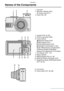 Page 10Preparation
10VQT0S19
Names of the Components
1 Lens part
2 Self-timer Indicator (P44)
AF Assist Lamp (P77)
3 Flash (P32, 40)
4 Joystick (P34, 49, 83)
5 AF/AE Lock Button (P85)
6 Cursor buttons
w/Self-timer Button (P44)
r/[REV] Button (P37)
q/Flash Mode Button (P40)
e/Backlight Compensation in Auto 
Mode (P36)/Exposure Compensation 
(P45)/Auto Bracket (P46)/White 
Balance Fine Adjustment (P72) Button
7 LCD Monitor (P27, 112)
8 Status Indicator
9 [MENU] Button (P23, 61, 90)
10 [DISPLAY/PWR LCD] Button...