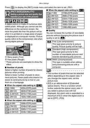 Page 86Menu Settings
86VQT0Y44
Press [ ] to display the [REC] mode menu and select the item to set. (P81) 
 
A digital picture is made of numerous dots 
called pixels. Although you cannot see the 
difference on the camera’s screen, the 
more the pixels the finer the picture will be 
when it is printed on a large piece of paper 
or displayed on a computer monitor. Picture 
quality refers to the compression rate when 
saving digital pictures.
A Many pixels (Fine)
B Few pixels (Rough)
* These pictures are examples...