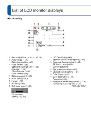 Page 7070   VQT3E45VQT3E45   71
Press ▼ to change display ( →34). 
List of LCD monitor displays
 
■In recording 
■In playback
∗
   [h], [m] and [s] indicate “hour”, “minute” and “second”\
.
 •
Screens shown here are only examples. The actual display may vary.
1Recording Mode ( →18, 21, 32, 39)2Picture Size (→46)
Recording quality ( →47)
3Flash Mode (→36)
Optical Image Stabilizer ( →52)
Jitter alert (→32)
White Balance ( →48)
Color Mode ( →51)
4Battery capacity (→15)5Burst Mode (→50)6Focus (→18)7AF area...