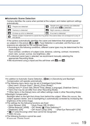 Page 1918   VQT3E45VQT3E45   19
 
Taking pictures with automatic settings 
[Intelligent Auto] Mode
Recording Mode: 
Display the screen for Recording 
Mode selection
Select [Intelligent Auto] Mode
Take pictures
Press halfway 
(press lightly to  focus) Press fully 
(press the button all  the way to record)
Optimum settings are made automatically from information such as “fac\
e,” “movement,” 
“brightness,” and “distance” just by pointing the camera at \
the subject, meaning that clear 
pictures can be taken...