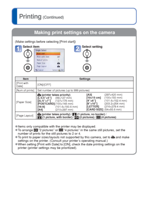 Page 6868   VQT3E45VQT3E45   69
 
Viewing on TV screen
Printing
 (Continued)
 Making print settings on the cameraYou can view still pictures and motion 
pictures on a TV by connecting the camera to 
your TV with the AV cable (optional).
 
●Also consult TV operating manual.
Getting Ready:  • Complete the [TV Aspect] setting.
 • Turn off both the camera and television. 
Connect camera to TV
Turn on TV
 
●Set to auxiliary input.
Turn on camera
Press the Playback button
 
■When using TVs with an SD card slot
Insert...