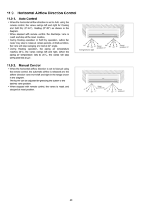 Page 4040
11.9. Horizontal Airflow Direction Control
11.9.1. Auto Control
• When the horizontal airflow direction is set to Auto using the
remote control, the vanes swings left and right for Cooling
and Soft Dry (0°-44°), Heating (8°-36°) as shown in the
diagram.
• When stopped with remote control, the discharge vane is
reset, and stop at the reset position.
• During Cooling operation or Soft Dry operation, indoor fan
motor may stop to rotate at certain periods. At that condition,
the vane will stop swinging...