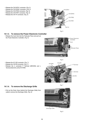 Page 5050 • Release the CN-DATA1 connector. (Fig. 5)
• Release the CN-SONIC connector. (Fig. 5)
• Release the CN-STM2 connector. (Fig. 5)
• Release the CN-STM1 connector. (Fig. 5)
• Release the CN-TH connector. (Fig. 5)
Fig. 5
14.1.3. To remove the Power Electronic Controller
• Release the hook that hold the Particular Piece and pull out
the Power Electronic Controller. (Fig. 6)
• Release the AC-303 connector. (Fig. 7)
• Release the CN-FM connector. (Fig. 7)
• Release the 2 connector P Terminal (BROWN) and L...