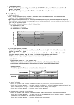Page 4545 c. Patrol operation disable
• To disable the Patrol Operation during unit start (default) with “OFF/ON” button, press “Patrol” button and hold for 5
seconds, then release.
• To disable the Patrol Operation, press “Patrol” button and hold for 15 seconds, then release.
C. Control Content
a. Gas Sensor Control
• First 2 minutes from Patrol function activates is stabilization time, during stabilization time, no air dirtiness level is
monitored. The Air Dirtiness level is set to level 2.
• After that, gas...