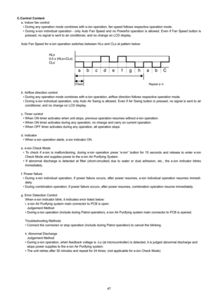 Page 4747 C.Control Content
a. Indoor fan control
• During any operation mode combines with e-ion operation, fan speed follows respective operation mode.
• During e-ion individual operation - only Auto Fan Speed and no Powerful operation is allowed. Even if Fan Speed button is
pressed, no signal is sent to air conditioner, and no change on LCD display.
Auto Fan Speed for e-ion operation switches between HLo and CLo at pattern below:
b. Airflow direction control
• During any operation mode combines with e-ion...