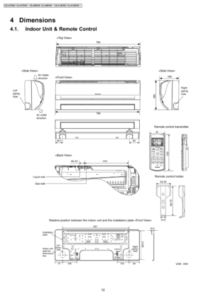 Page 124 Dimensions
4.1. Indoor Unit & Remote Control
12
CS-A7DKD CU-A7DKD / CS-A9DKD CU-A9DKD / CS-A12D KD CU-A12D KD / 
