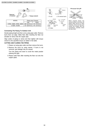 Page 52MODELPiping size (Torque)
GasLiquid
C7DK, C9DK, A7DK, A9DK3/8” (42 N.m)1/4” (18 N.m)
C12DK, A12DK1/2” (55 N.m)1/4” (18 N.m)
Connecting The Piping To Outdoor Unit
Decide piping length and then cut by using pipe cutter. Remove
burrs from cut edge. Make flare after inserting the flare nut
(located at valve) onto the copper pipe.
Align center of piping to valves and then tighten with torque
wrench to the specified torque as stated in the table.
CUTTING AND FLARING THE PIPING
 1. Please cut using pipe cutter...