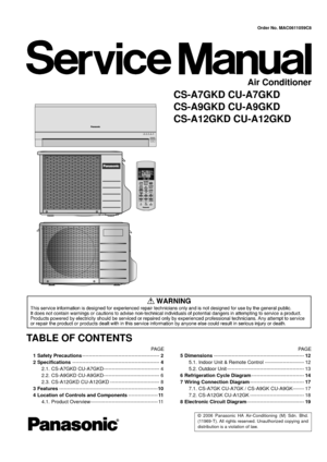 Page 1© 2006 Panasonic HA Air-Conditioning (M) Sdn. Bhd.
(11969-T). All rights reserved. Unauthorized copying and
distribution is a violation of law.
Order No. MAC0611059C8
Air Conditioner
CS-A7GKD CU-A7GKD
CS-A9GKD CU-A9GKD
CS-A12GKD CU-A12GKD
TABLE OF CONTENTS
PA G E PA G E
1 Safety Precautions-----------------------------------------------2
2 Specifications-----------------------------------------------------4
2.1. CS-A7GKD CU-A7GKD---------------------------------- 4
2.2. CS-A9GKD...