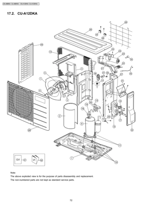 Page 7217.2. CU-A12DKA
Note:
The above exploded view is for the purpose of parts disassembly and replacement.
The non-numbered parts are not kept as standard service parts.
72
CS-A9DKACU-A9DKA / CS-A12D KA CU-A12D KA / 