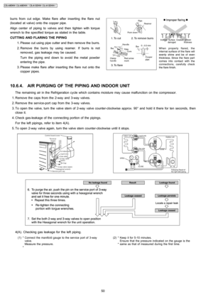 Page 50burrs from cut edge. Make flare after inserting the flare nut
(located at valve) onto the copper pipe.
Align center of piping to valves and then tighten with torque
wrench to the specified torque as stated in the table.
CUTTING AND FLARING THE PIPING
 1. Please cut using pipe cutter and then remove the burrs.
 2. Remove the burrs by using reamer. If burrs is not
removed, gas leakage may be caused.
Turn the piping end down to avoid the metal powder
entering the pipe.
 3. Please make flare after inserting...