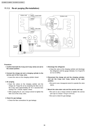 Page 5611.1.3. Re-air purging (Re-installation)
 1. Confirm that both the 2-way and 3-wayvalves are set to
the closed position.
 2. Connect the charge set and a charging cylinder to the
service port of the 3-wayvalve.
 • Leave the valve on the charging cylinder closed.
 3. Air purging.
 • Open the valves on the charging cylinder and the
charge set. Purge the air by loosening the flare nut on
the 2-wayvalve approximately 45° for3 seconds then
closing it for 1 minute; repeat 3 times.
 • After purging the air, use...
