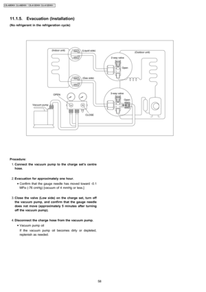 Page 58(No refrigerant in the refrigeration cycle)
 1. Connect the vacuum pump to the charge set’s centre
hose.
 2. Evacuation for approximately one hour.
 • Confirm that the gauge needle has moved toward -0.1
MPa (-76 cmHg) [vacuum of 4 mmHg or less.]
 3. Closethe valve(Low side) on thecharge set, turn off
the vacuum pump, and confirm that the gauge needle
does not move (approximately 5 minutes after turning
off the vacuum pump).
 4. Disconnect the charge hose from the vacuum pump.
 • Vacuum pump oil
If the...