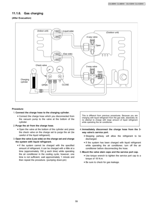 Page 5911.1.6. Gas charging
(After Evacuation)
 1. Connect the charge hose to the charging cylinder.
 • Connect the charge hose which you disconnected from
the vacuum pump to the valve at the bottom of the
cylinder.
 2. Purge the air from the charge hose.
 • Open the valve at the bottom of the cylinder and press
the check valve on the charge set to purge the air (be
careful of the liquid refrigerant).
 3. Open the valve(Low side) on thecharge set and charge
the system with liquid refrigerant.
 • If the system...